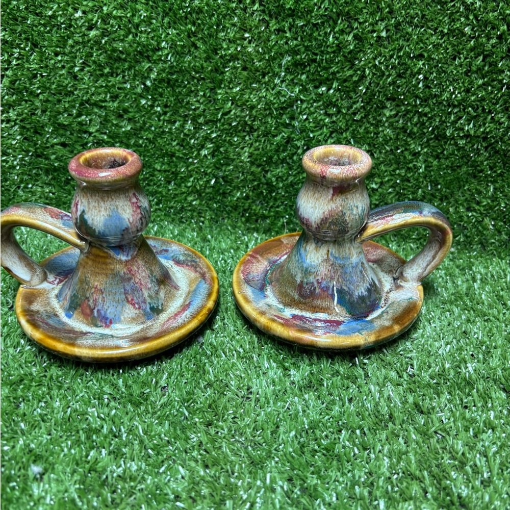 Glazed Multicolor Ceramic Chamberstick Pair